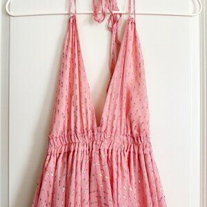 NWT LoveShackFancy Silk Blend Metallic Dot String Halter Mini Dress Size S